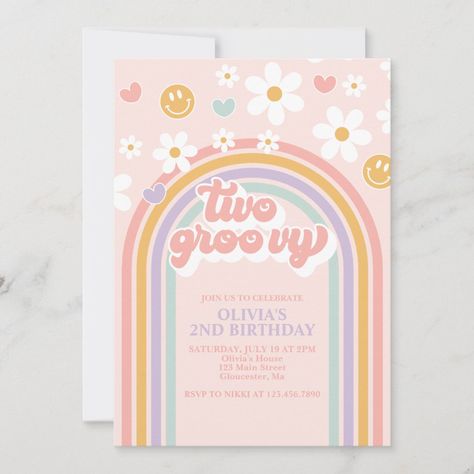 Retro Invitation, Two Groovy, Birthday Napkins, 2nd Birthday Invitations, Retro Birthday, Groovy Retro, Girl Rainbow, Retro Rainbow, Pink Birthday