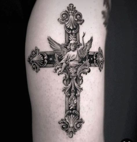 Cross Angel Tattoo, Sacreligious Tattoo, Last Dinner Tattoo, Cross With Rosary Tattoo, Baroque Tattoo Design, Baroque Tattoos, Detailed Cross Tattoo, Victorian Gothic Tattoo Ideas, Tattoo Ideas Angel