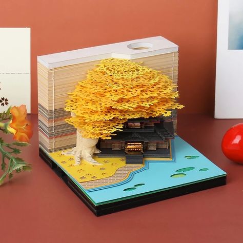 Notes Creative, Paper Notes, Paper Carving, 3d Paper Art, Purple Trees, Brick Colors, Pink Trees, Blue Tree, Tree Hut