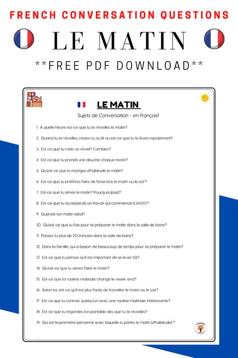 Use these French conversation questions in your language class to get your students talking! -- Questions are all about morning routine and perfect for practicing reflexive verbs -- Great to practice vocabulary from your French lessons too! -- Free Pdf Download available -- More French conversation questions available with free downloads too -- #happymaplelanguageco #teachergram #frenchteachersofinstagram #frenchteachers #teacher #teach #education French Conversation Starters, French Conversation Practice, Questions In French, French Documents, French Speaking Activities, French Printable, Reflexive Verbs, Activities For The Classroom, French Practice