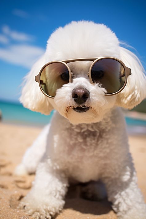 A portrait photography of Poodle dog wearing sunglasses at the beach. Glasses Photography, Fierce Animals, Dog With Glasses, Fashionable Sunglasses, Puppy Party, White Dog, Sporting Dogs, Cool Sunglasses, Stay Connected