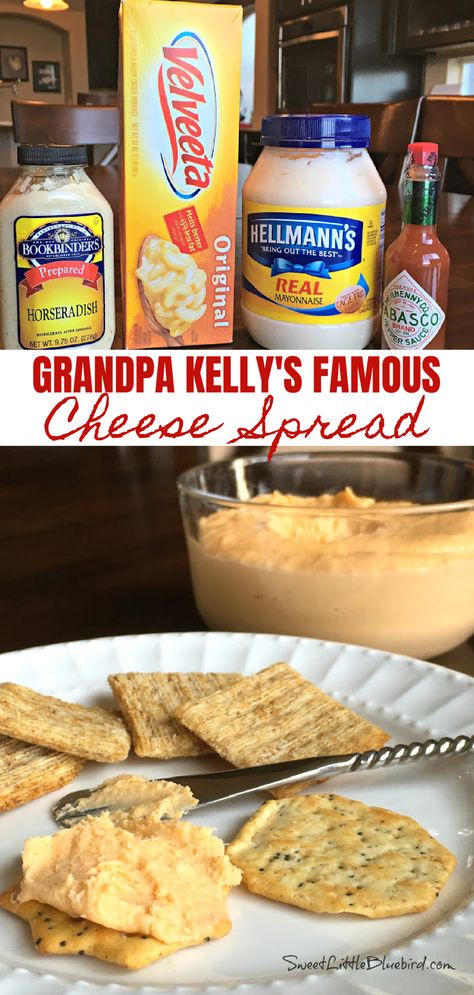 This image shows the ingredients to make the cheese -horseradish, Velveeta cheese, mayonnaise and Tabasco sauce. The photo also shows a clear glass bowl with the cheese with a plate of crackers, with horseradish cheese spread on one. Horseradish Cheese Spread, Cracker Spreads Easy, Company Cheese Spread, Spreads For Crackers, Cheese Spread Recipes For Crackers, Savoury Spreads, Cheesey Recipes, Horseradish Cheese, Cracker Spread