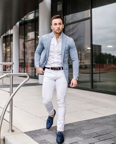 White Pant Combination Men, Music Ring, Blue Blazer Outfit, All White Party Outfits, Mens Blue Dress Shirt, White Outfit For Men, Light Blue Coat, Blue And White Outfits, White Party Outfit