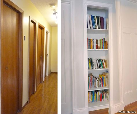 closet bookcase... charming idea Closet Bookcase, Converted Closet, Closet Conversion, Clever Closet, Hall Closet, Build A Closet, White Storage, Hallway Ideas Colour, White Shabby Chic