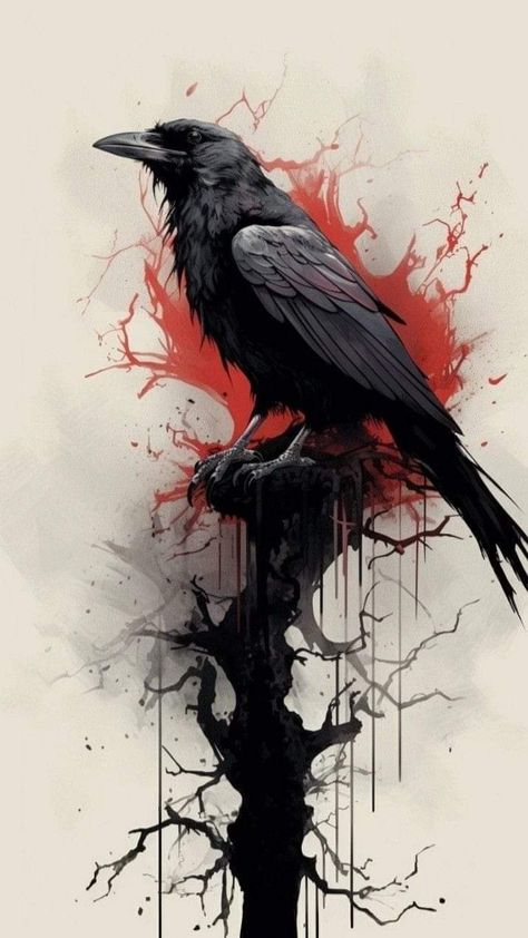 Color Raven Tattoo, Crow Tattoo Design Ravens, Crow Art Dark, Raven Art Dark, Black Crow Tattoos, Crow Drawing, Raven Painting, Crows Artwork, Photo Draw