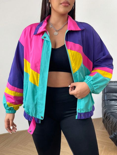 Plus Size Casual Color Blocking Drop Shoulder Zip-Up Jacket, Spring & Autumn Multicolor Casual  Long Sleeve Fabric Colorblock,Striped Windbreaker Slight Stretch Spring/Fall Women Plus Clothing, size features are:Bust: ,Length: ,Sleeve Length: Dbz Oc, Pocket Jacket, Plus Size Casual, Zip Up, Colorful Leggings, Plus Clothing, Drop Shoulder, All Fashion, Women Clothes Sale