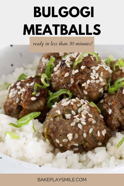 These Korean beef bulgogi meatballs are so juicy, and packed with sweet and salty flavours. Popular with all the family, they take just 10 minutes to prepare, and dinner is ready in under 30 minutes! Bulgogi Meatballs Recipe, Italian Sausage Meatballs, Bulgogi Marinade, Korean Beef Bulgogi, Oven Baked Meatballs, Bulgogi Sauce, Sausage Meatballs, How To Cook Meatballs, Bulgogi Beef