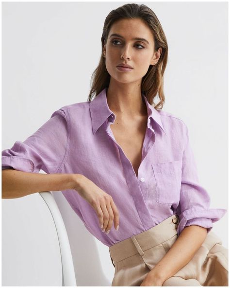 Lilac Casual Outfit, Lilac Shirt Outfits Women, Lilac Clothes, Purple Shirt Outfit, Purple Shirt Outfits, Lilac Shirt, Linen Shirt White, Linen Shirt Outfit, Relaxed Trousers