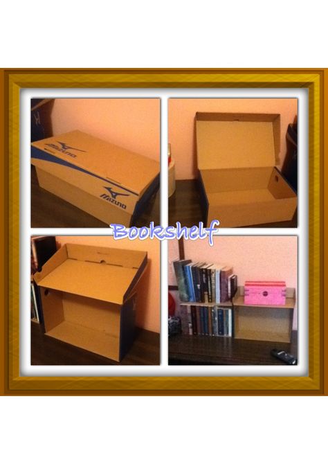 How to make a bookshelf out of a shoebox: 1.Open the box 2. Put it on its side 3. Instant bookshelf  - Haley Henderson :)  #bookshelf #homemade #cardboard #smallroomideas #bedroomideas #gettingmypintereston #booyah Diy Cardboard Bookcase, Homemade Book Shelf, How To Make A Bookshelf, Bookshelf Homemade, Diy Box Organizer, Make A Bookshelf, Cardboard Box Storage, Shoe Box Diy, Shoe Box Crafts