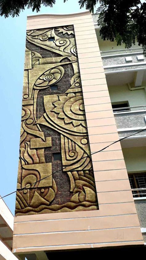 G.Shiva phone no:(9866283863) MEGA CONSTRUCTIONS ELEVATION CEMENT DESIGN WORKS Cement Mural Art, Wall Cement Design, Cement Wall Art, Exterior Murals, Mural Art Design, Cement Design, Terracotta Wall Art, House Wall Design, Art Studio Room