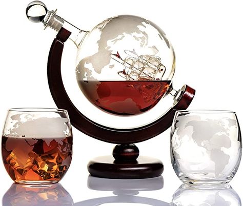 AmazonSmile | Whiskey Globe Decanter Set Etched World Globe Decanter for Liquor, Bourbon, Vodka with 2 Glasses in Premium Gift-Box - Home Bar Accessories for Men - Perfect for All Kinds of Alcohol Drinks: Liquor Decanters Liquor Decanter Set, Quirky Homeware, Tequila Gift, Vodka Gifts, Whisky Set, Carafe Set, Whiskey Set, Home Bar Accessories, Whiskey Decanter Set