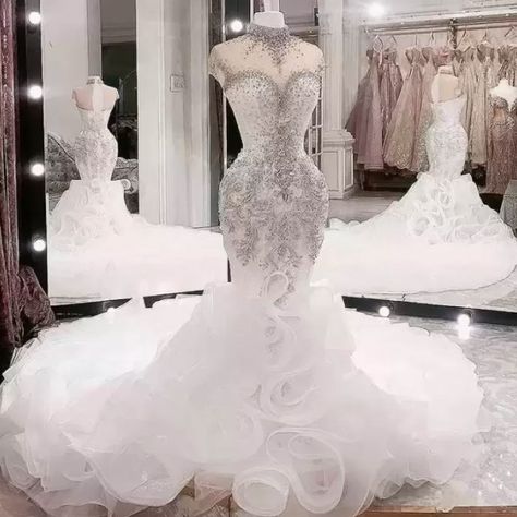 Aso Ebi Wedding, Mermaid Wedding Gown, Crystal Wedding Dress, High Neck Wedding Dress, Stylish Wedding Dresses, Fancy Wedding Dresses, Fancy Wedding, Wedding Gowns Mermaid, Dream Wedding Ideas Dresses