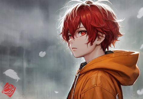 orange hoodie , red hair , red eyes , anime style Red Hair Red Eyes Anime, Red Hair Red Eyes, Red Eyes Anime, Red Hair Anime Guy, Characters With Red Hair, Fire Red Hair, Hair Fan, Anime Red Hair, Red Hair Men