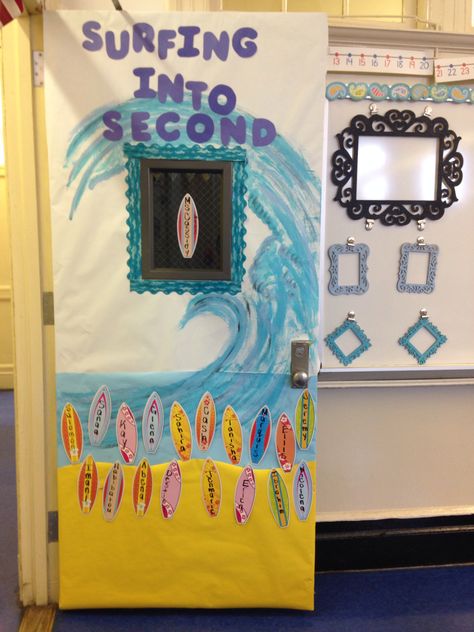 Classroom door: Surfing into Second Classroom Vibes, Beach Classroom, Sun Theme, Class Crafts, Testing Motivation, Ocean Classroom, Classroom Boards, Ocean Theme Classroom, Kindergarten Rocks