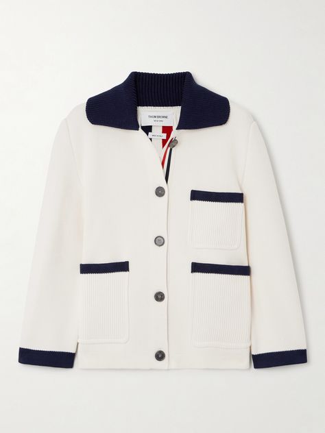 Thom Browne's jacket is traced with striped grosgrain trims through the back – a brand signature that lines the designer's suits. It's intarsia-knitted from cotton and cashmere-blend and has a contrasting polo collar, buttons and patch pockets. Wear yours with jeans or a midi skirt. Thome Brown, Preppy Core, Thom Browne Women, Thom Browne Cardigan, Classy Fashion Chic, Summer Style Guide, Floral Dresses Short, Black Men Fashion, 가을 패션