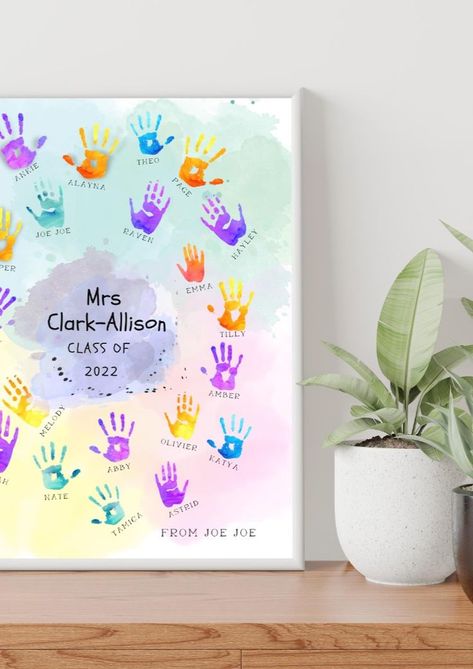 Show your teacher how much he or she means to you with this Teacher Handprint class graduation print. Perfect as an end of year keepsake, or a special birthday or Teacher's Day gift - print, sign and frame! Ready for you to personalise by editing names, or remove the names and get the students to sign. Then print at home or a photo/photocopy shop. There are approximately 20 Handprints, however you can just copy and paste however many more you may need available for student names. Emma Clark, Teacher End Of Year, Teachers Day Gifts, He Or She, End Of Year, Special Birthday, Hand Print, Print Gifts, Etsy Australia