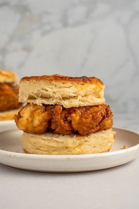 Crunchy, sweet and snack-sized, these chicken biscuits are irresistible Over Fried Chicken, Honey Butter Chicken Biscuit, Joshua Weissman, Chicken Biscuits, Honey Butter Chicken, Southern Breakfast, Crispy Chicken Tenders, Biscuit Sandwich, Buttermilk Chicken