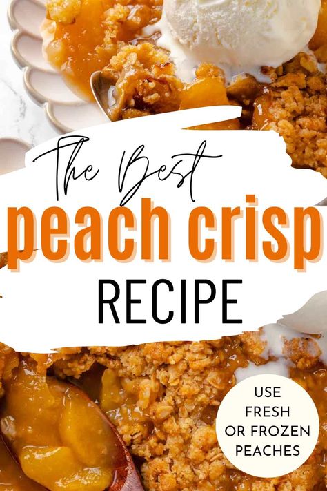 This peach crisp recipe layers ripe, juicy peaches with golden, crunchy oats and a hint of lemon and ginger for the perfect summer treat! Use fresh or frozen peaches to enjoy this easy dessert all year long! Peach Crisp With Frozen Peaches, Frozen Peaches Recipes, Peach Crisp With Fresh Peaches, Honey Granola Recipe, Easy Dinner Party Desserts, Creme Anglaise Recipe, Crunchy Oats, Fresh Peach Crisp, Easy Peach Crisp