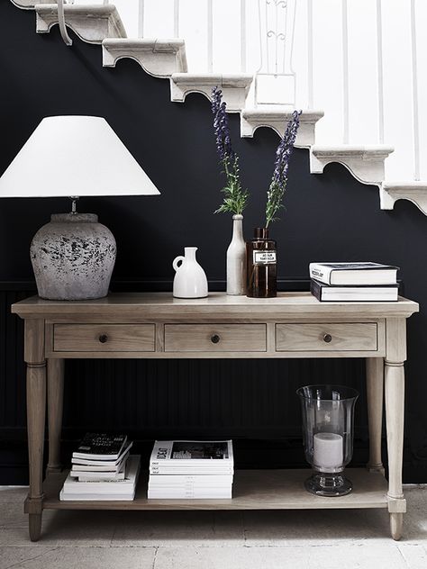 Henley console table neptune.com-dark wall in back Hall Table Decor, تحت الدرج, Console Table Design, Oak Console Table, Console Table Decorating, Hallway Console, Console Table Hallway, Casa Country, Entryway Console Table