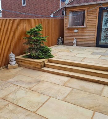 Sandstone Patio Designs, Mint Sandstone Patio, Indian Stone Patio Ideas, Indian Sandstone Patio Ideas, Paving Slabs Ideas Patio, Curved Patio Ideas, Patio Sandstone, Paved Patio Garden Ideas, Front Porch Seating Area