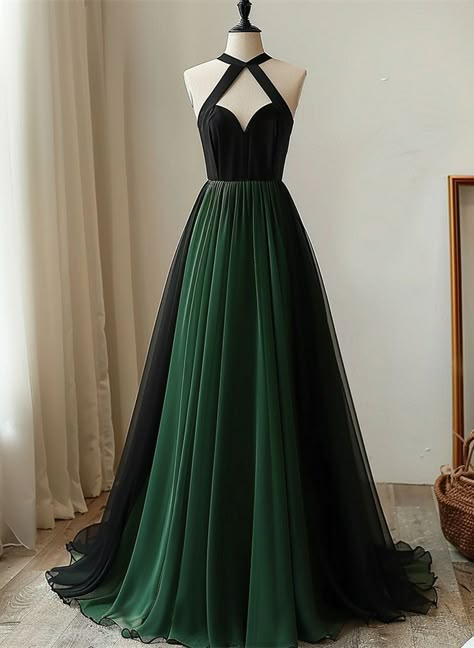 Black And Green Wedding Dress, Black And Green Prom Dress, Forest Green And Black Wedding, Dark Purple And Green Wedding, Green And Black Party, Green Ombre Dress, Dark Green Prom Dress Long, Green And Black Outfits, Dark Green Dresses