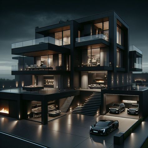 Black Modern Mansion Exterior, Crazy Mansions, Black Luxury House Interior Design, Dark Mansion Exterior, Mafia House Interior, Black Luxury House Exterior, Dark Modern Mansion, Black Modern Mansion, Dark Modern House Exterior