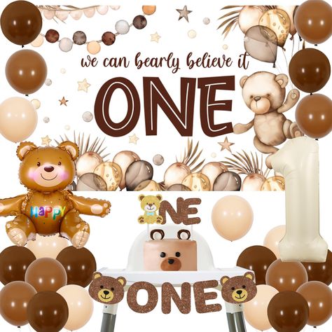 PRICES MAY VARY. Bear Birthday Decorations: Add a lovely touch for boys 1st birthday party with our brown bear decorations, and they will make your party backdrop and dessert table attractive. Value Package: Bear birthday party decorations include 1pc bear backdrop 5*3 ft, 20pcs latex balloons 12”, 1pc bear cake topper, 1pc bear high chair banner, 1pc number 1 foil balloon 32”, 1pc bear foil balloon 25"*24". High Quality: Our bear 1st birthday decorations are made of premium vinyl, glitter cards Beary First Birthday Party, Bear Backdrop, First Birthday Theme Boy, Beary First Birthday, First Birthday Hats, Bear Birthday Party, First Birthday Party Decorations, 1st Birthday Themes, Cake Banner Topper