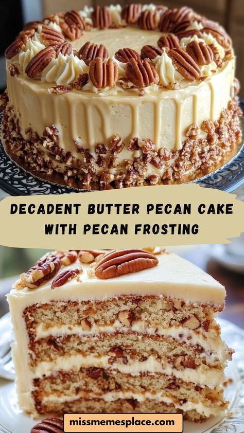 Indulge in a slice of pure decadence with this Butter Pecan Cake with Pecan Frosting! Each layer of this moist cake is filled with buttery flavor and toasted pecans, topped with a creamy frosting that takes it to the next level. This dessert is perfect for holidays, potlucks, or when you just want something special. Follow this easy recipe for a rich, delicious cake that’s sure to be a crowd-pleaser! Butter Pecan Buttercream Frosting, Georgia Pecan Cake Recipe, Pecan Pralines Cake Recipe, Hickory Nut Cake Recipes, Butter Pecan Layer Cake, Butter Pecan Caramel Cake, Pecan Filling For Cake, Easy Pecan Dessert Recipes, Butter Pecan Frosting Recipe