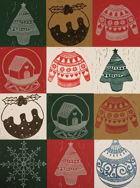 Handmade lino cut Christmas cards by Fiona Chan Art https://www.etsy.com/uk/shop/FionaChanArt?ref=simple-shop-header-name&listing_id=633006657 Instagram: fionachanart.com_shop Facebook: Fiona Chan Art Simple Christmas Lino Print Ideas, Lino Print Christmas Card Ideas, Simple Linocut Ideas, Lino Cut Christmas Cards, Lino Print Christmas Cards, Christmas Lino Print Ideas, Simple Christmas Card Ideas, Lino Christmas, Christmas Linocut