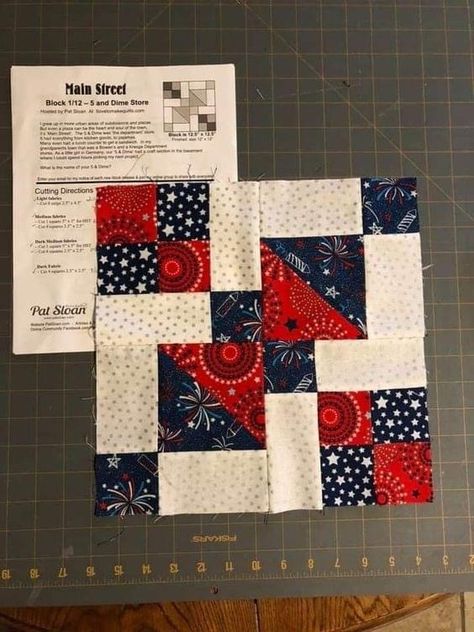 Main Street Quilt Block Pattern, Pat Sloan Quilts Free Pattern, Disappearing Blocks, 9 Patch Quilt, Quilting Designs Patterns, Scrappy Quilt Patterns, Quilt Block Patterns Free, Quilt Square Patterns, Fabric Christmas Ornaments Diy