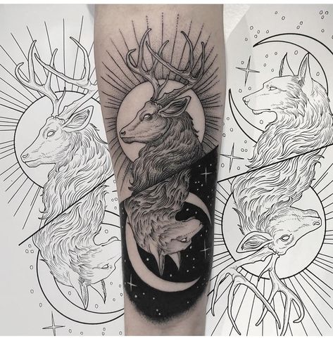 White Wolf Tattoo, Celestial Tattoos, Rabe Tattoo, Tier Tattoo, Deer Tattoo, Amazing Tattoos, Raven Tattoo, Ink Inspiration, Tattoo Black