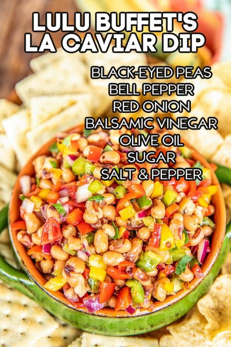 LA Caviar Dip – Lulu Buffet’s Lower Alabama Caviar Dip – this stuff is AMAZING! OMG! One bite and you will be hooked! Super easy to make – black-eyed peas, bell peppers, and red onion tossed in balsamic vinegar, olive oil, sugar, salt, and pepper. Serve with chips or saltines. It also makes a great side dish. We LOVE this easy black-eyed pea salad. 🤗 Black Eyed Pea Caviar, Mississippi Caviar Dip, Alabama Caviar Recipe, Caviar Dip, Black Bean Corn Salad, Yummy Vegetables, Ground Chicken Burgers, Healthy Dip, Cold Dips