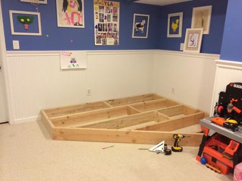 Playroom Stage!                                                                                                                                                                                 More Diy Playroom Furniture, Playroom Refresh, Kids Music Room, Playroom Stage, White Playroom, Playroom Idea, Playroom Seating, Theatre Classroom, Kids Stage