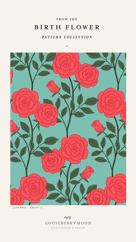 Roses Pattern Design, Rose Garden Illustration, Rose Illustration Design, Ipad Design Inspiration, Birth Flower June, Gooseberry Moon, Pantone Print, Flower Illustration Pattern, Roses Poster