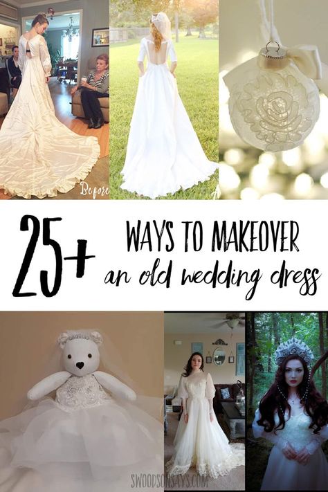 25+ wedding dress refashion + upcycle ideas - a curated list of inspiration for ways to makeover old wedding dresses! Using Moms Wedding Dress Ideas, What To Make From Old Wedding Dress, Ways To Repurpose A Wedding Dress, Dress Makeover Refashioning, Mom Wedding Dress Repurpose, What To Do With Wedding Dress After, Old Wedding Dress Redesign, Mothers Wedding Dress Repurpose, Moms Wedding Dress Redone