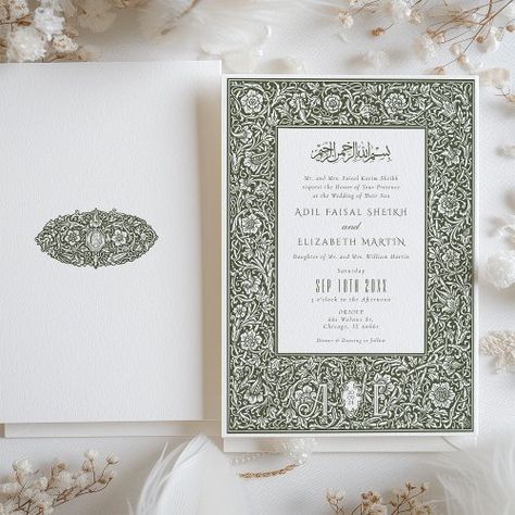 $3.05 | Islamic Elegance William Morris Inspired Wedding - islamic art wedding invitation, william morris pattern card, forest green elegant invite, botanical arabesque design, cultural heritage wedding stationery, arts and crafts movement invite, white green wedding announcement, elegant islamic calligraphy invitation, traditional modern blend card, keepsake quality wedding invitation William Morris Wedding, White Green Wedding, Heritage Wedding, Morris Pattern, Calligraphy Invitation, William Morris Inspired, William Morris Patterns, Arabesque Design, Invitation Calligraphy