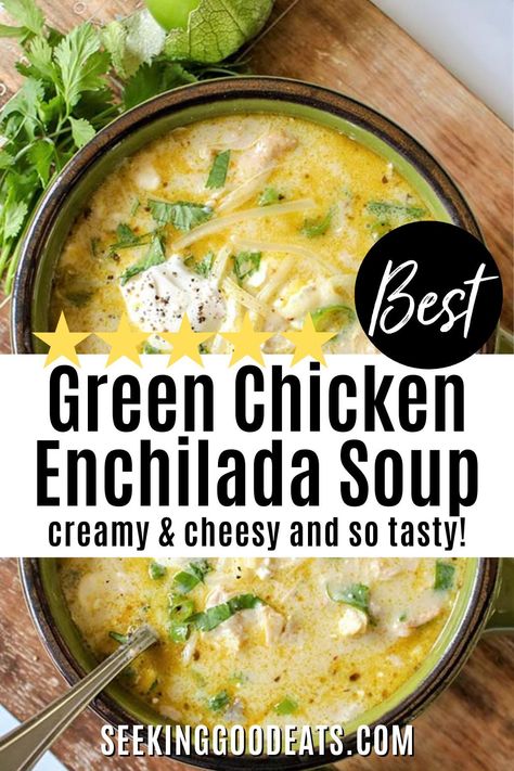 Green Enchiladas Chicken Soup, has a tasty creamy cheesy broth of green enchiladas sauce, salsa verde, cheeses, and tender shredded chicken - so delicious! Make this easy soup in your slow cooker, on a stovetop, or in an Instant Pot. This green chicken enchilada soup recipe is the perfect weeknight dinner idea! (p.s it's low carb, keto, gluten free, and sugar free too!) Green Chicken Chile Verde Soup, Optavia Chicken Enchilada Soup, Creamy Green Chili Chicken Soup, Green Chilli Chicken Soup, Green Chili Chicken Enchiladas Soup, Green Chili Chicken Enchilada Soup, Green Chile Chicken Enchilada Soup, Green Enchilada Soup, Green Chicken Enchilada Soup