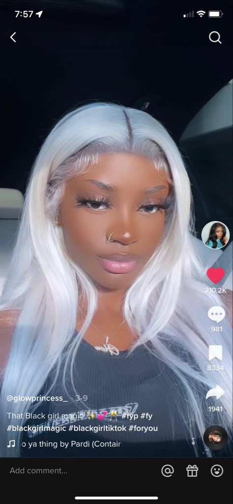 White Hair On Dark Skin, Platinum White Hair On Black Women, Platinum White Hair Silver Icy Blonde, White Wig Black Women, Dark Skin With White Hair, Grey Wig On Dark Skin, White Hair On Black Women, Silver Hair On Dark Skin, White Hair Black Women