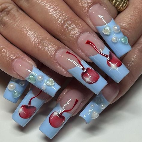 Nail Inspo Coquette, Nail Inspo French Tip, Nail Inspo Blue, Nail Inspo French, Nail Ideas Winter, Blue Nail Inspo, Coquette Nail, Cherry Nail, Cherry Nails