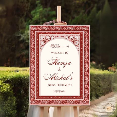 Welcome your guests with this beautiful and elegant Red Nikkah Welcome Sign!! ❤️ Nikkah Entry, Nikkah Ceremony, Islamic Wedding, Wedding Illustration, Flower Stand, Elegant Red, Wedding Welcome Signs, Flower Stands, Printed Invitations