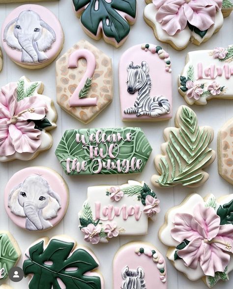 Two Wild Royal Icing Cookies, Party Animal Cookies Decorated, Safari Sugar Cookies, Welcome Two The Jungle, Safari Baby Shower Cookies, Safari Baby Shower Girl, Jungle Safari Cake, Baby Sprinkle Decorations, Girl Birthday Cupcakes