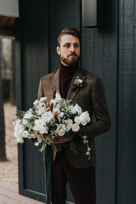 12 Stylish Grooms to Copy for Your Wedding Day Look | Junebug Weddings | Groom's Look Unique | Unique Outfit Groom | Wedding Look Unique Groom | Groom's Unique Suit | Winter Wedding Tuxedo, Winter Wedding Bouquet Evergreen, White Winter Bouquet, Winter Bouquet Wedding, Elegant Cabin, November Wedding Flowers, Dolomites Wedding, Winter Wedding Florals, November Wedding Colors