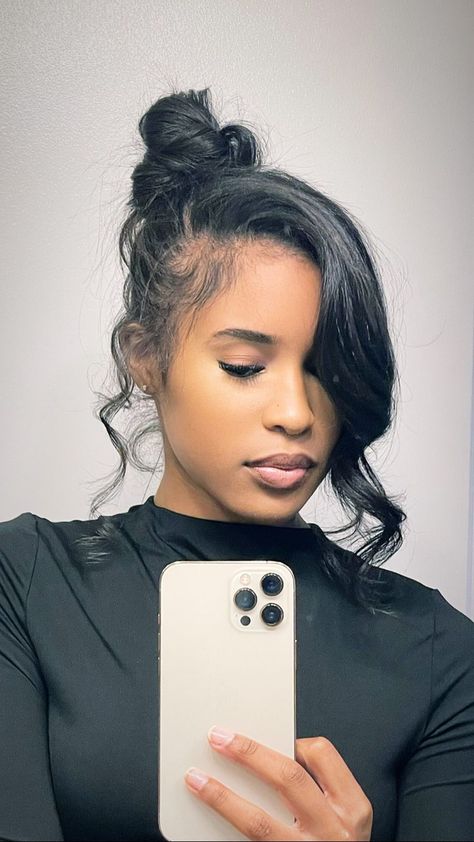 Hairstyles For A Blowout, Side Ponytail With Bangs, Up Do Straight Hair, Natural Poofy Hairstyles For Black Women, Messy Bun With Bangs Black Women Natural Hair, Updo With Natural Hair For Black Women, Simple Updo Black Women, Two Ponytail Half Up Half Down Hair Black Women Natural, Shoulder Length Relaxed Hairstyles