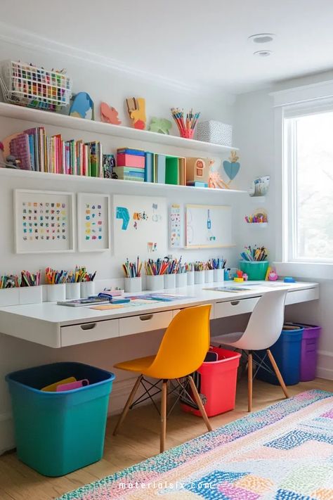 Colorful, organized kids' craft room with two desks, books, art supplies, and vibrant storage bins. Small Room Sharing Ideas Sibling, Girl Boy Room Shared Bedrooms, Brother Sister Bedroom Shared Kids Rooms, Kids Shared Bedroom Ideas, Artsy Office, Small Shared Bedroom, Shared Bedroom Ideas, Bedroom Ideas For Kids, Sister Bedroom