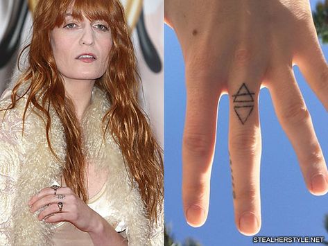 Florence Welch's 13 Tattoos & Meanings | Steal Her Style Florence Welch Tattoo, 13 Tattoo Meaning, Knuckle Tattoo, Logo Triangle, Knuckle Tattoos, 13 Tattoos, Triangle Tattoos, Steal Her Style, Classical Elements