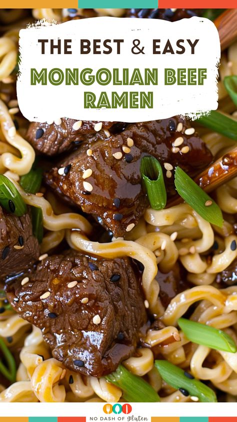 This Mongolian Beef Ramen Recipe is a quick and flavorful meal perfect for weeknights! Tender beef, crunchy veggies, and a savory sauce over ramen noodles. Ready in 30 minutes! Try it tonight and impress your family. Save this pin for a delicious dinner idea! Ramen And Steak Recipe, Beef Ramen Recipes, Ramen Noodles With Steak, Mongolian Beef Noodles, Mongolian Beef Ramen, Mongolian Beef Ramen Noodles, Beef Ramen, Steak Ramen Noodle Recipes, Healthy Beef Ramen Noodle Recipes