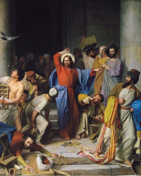 Jesus Cleanses the Temple of the Moneychangers Cleansing The Temple, Jesus Cleanses The Temple, Jesus In The Temple, Pictures Of Christ, Bible Illustrations, Jesus Christ Art, Religious Paintings, Bible Pictures, San Bernardo