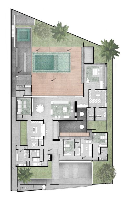 Gallery of MV House / Studio Guilherme Torres - 29 Architecture Rendering Photoshop, Rendered Floor Plan, Architecture Drawing Plan, Interior Architecture Drawing, Courtyard House Plans, Interior Design Presentation, Architectural Floor Plans, Villa Plan, Architecture Collage