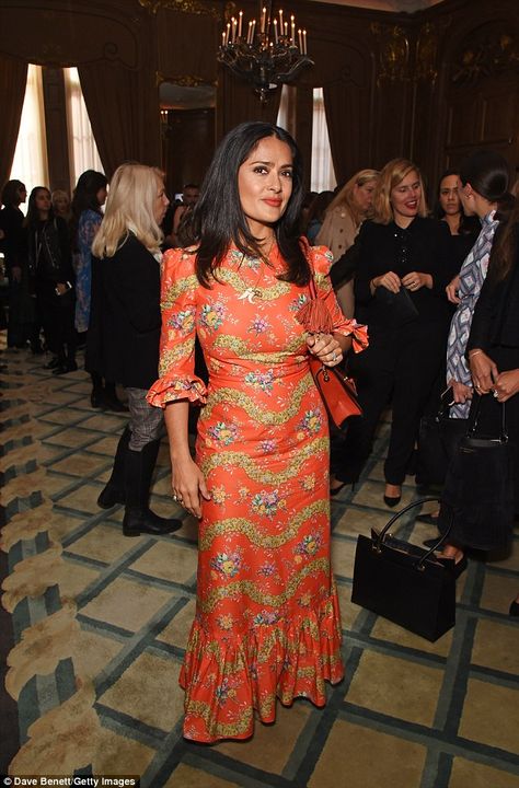 Back to her roots: Salma Hayek wore a Latin-American inspired orange dress as she attended the prestigious Women In Film luncheon as a guest of honour at Claridge's Hotel in London Vampires Wife Dress, Wife Dress, Vampires Wife, Women In Film, Women Science, The Vampires Wife, Fashion Dictionary, Mexican Girl, Salma Hayek