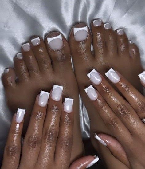 White On White French Tip Nails Toes, White Designs Acrylic Nails, Funny Bunny And White Tip Nails, Gel Manicure And Pedicure Ideas, Matching Medi Pedi, French Tip Mani And Pedi, White French Tip Nails And Toes, White Toe Nail Design, Milky White French Tip Toes